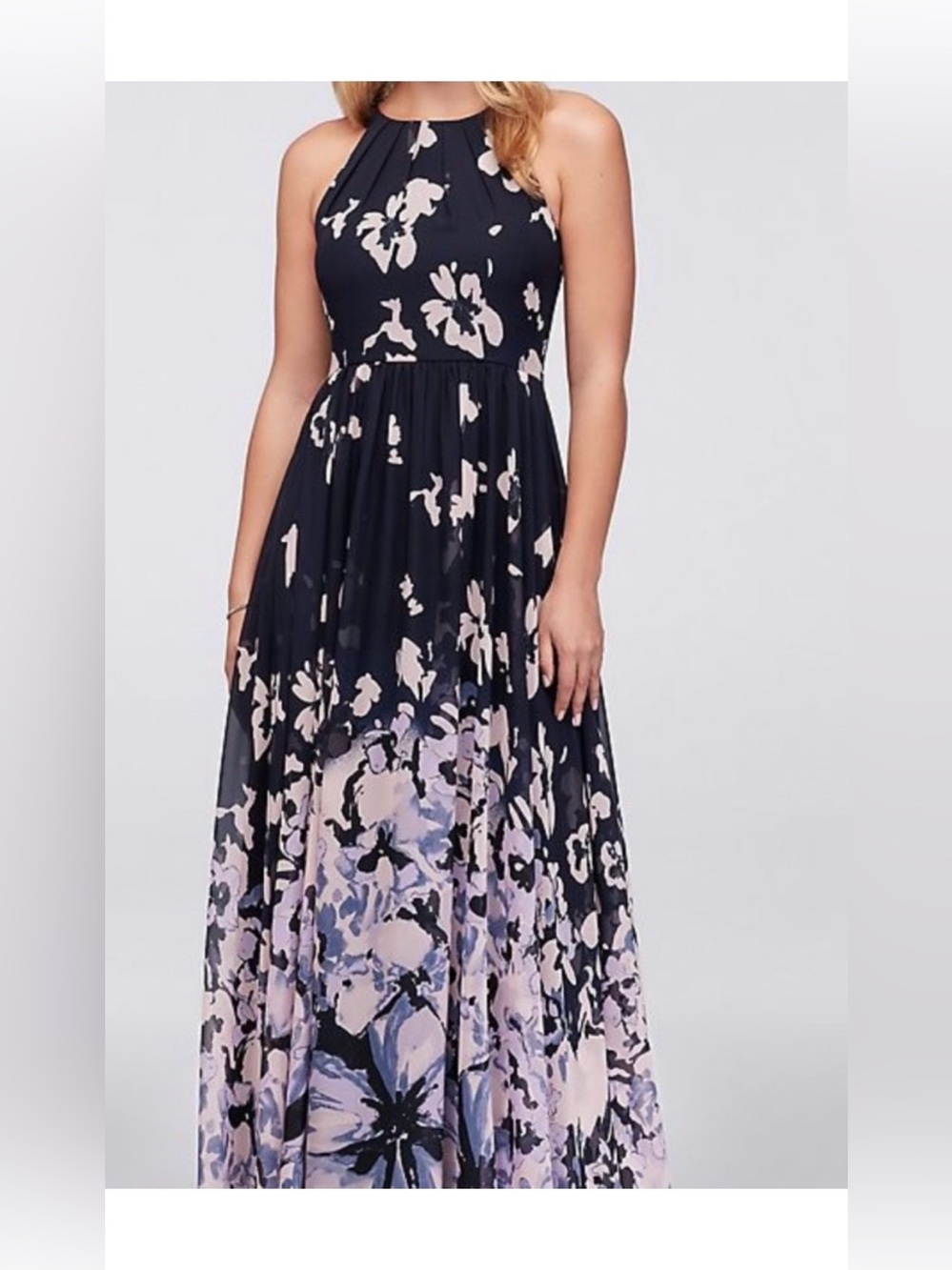 Betsy & Adam Women's Floral Printed Halter Neck Fit and Flare Gown